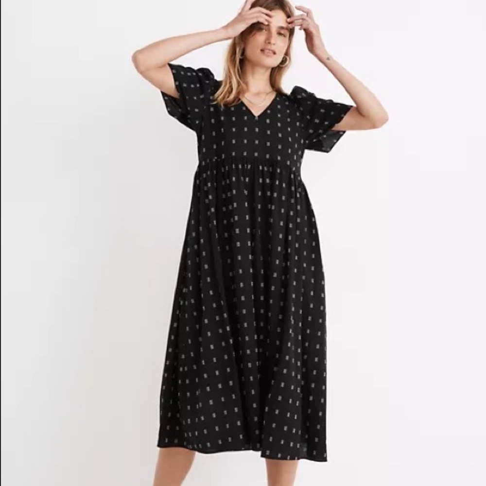 Madewell Dobby Black Puff Sleeve Midi Dress size L